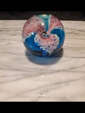 Vtg 1993 Glass Eye Studio Bubble Flower Art Glass Paperweight Cobalt Pink/blue